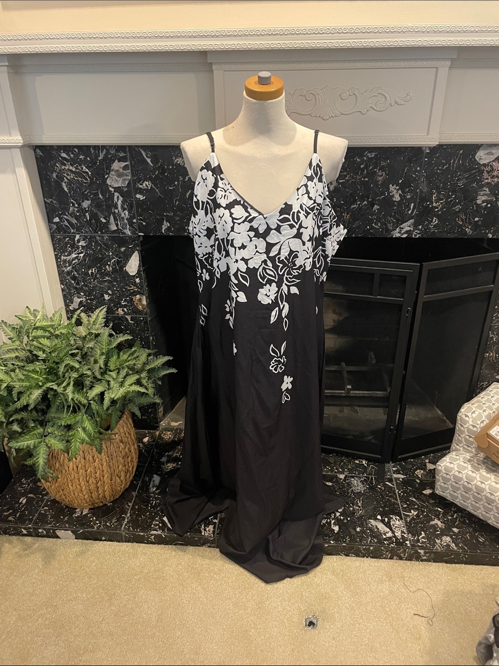 Black Slip Dress with White Floral Appliqué